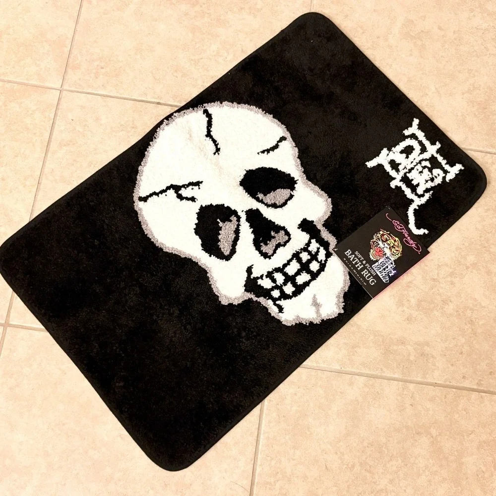 Ed Hardy Skull Bath Rug Black White Soft Plush Tattoo Art Bath Mat Halloween New